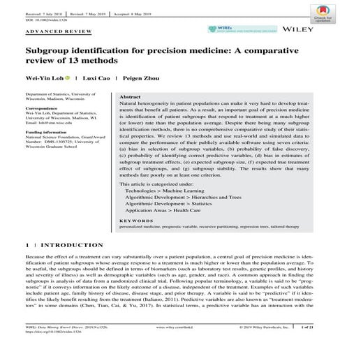 Subgroup identification for precision medicine. a comparative review of 13 me...