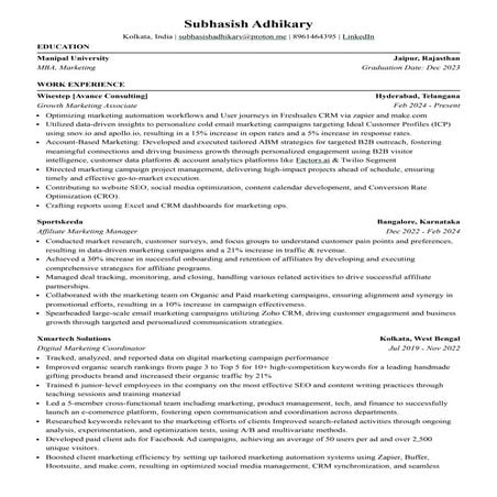 Subhasish Adhikary Growth Marketing Resume
