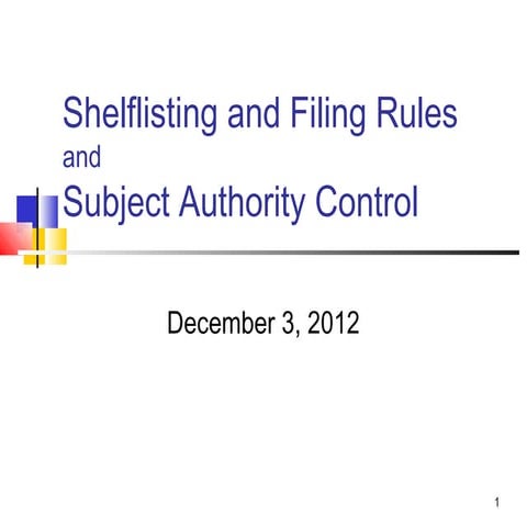Subject analysis, shelflisting, filing rules, subject authority control