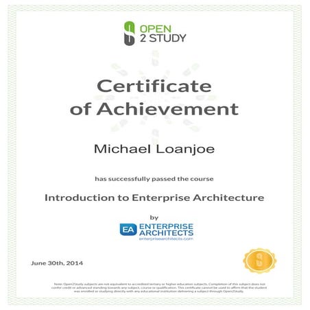 Certificate Introduction of Enterprise Architecture TOGAF