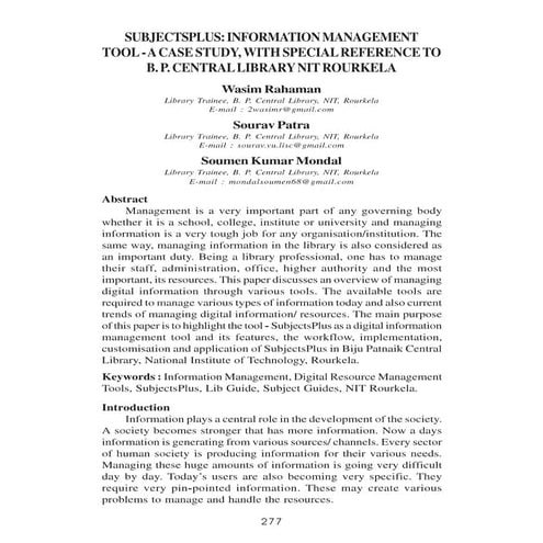 Subjects Plus: Information Management Tool- A Case Study with Special Referen...