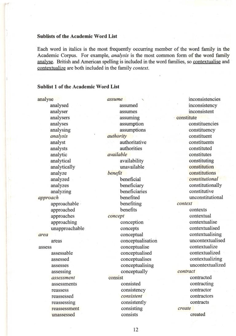 Academic Word List Sublist 1