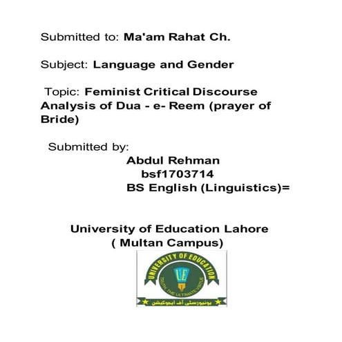 Feminist critical discourse Analysis of Dua e Reem