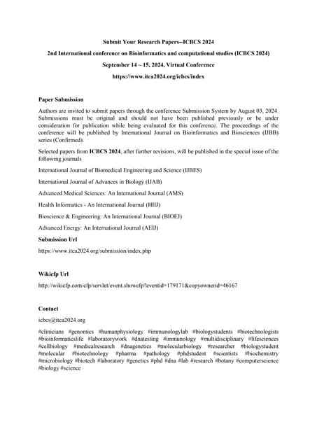 2nd International Conference On Bioinformatics And Computational Studies Icbcs 2024 Pdf 2nd International Conference On Bioinformatics And Computational Studies Icbcs 2024 Pdf