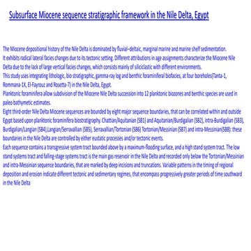 Subsurface Miocene Sequence Stratigraphic Framework in the Nile Delta, Egypt....
