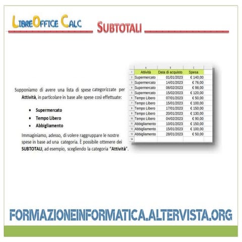 esercitazione su Subtotali con LibreOffice Calc | PPT
