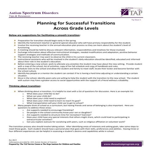 TAP Tip Sheet - Planning for Successful Transitions  Across Grade Levels