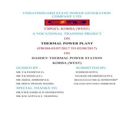 vocational training report on CSPGCL korba, chhattisgarh