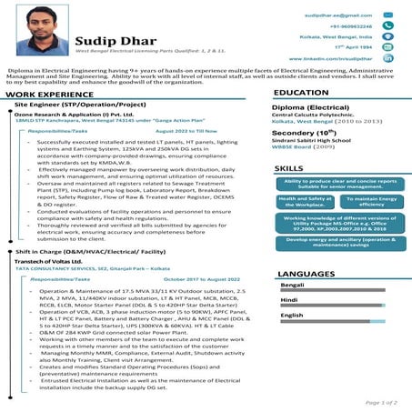 SUDIP DHAR Resume electrical Engineering | PDF