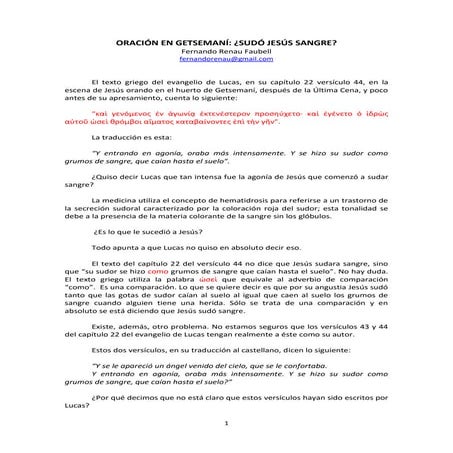 LA ORACIÓN EN GETSEMANÍ, ¿SUDÓ JESÚS SANGRE?