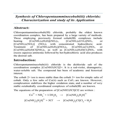 Synthesis of Chloropentaamminecobalt(iii) chloride