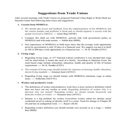Suggestions from trade unions