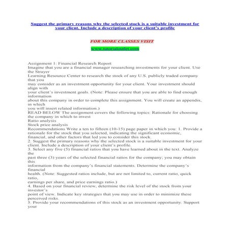 Fin 534 week 9 assignment 1 strayer | DOCX