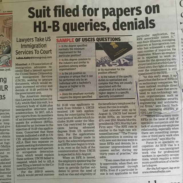 SUIT FILED FOR PAPERS ON H-1B QUERIES, DENIALS 