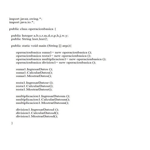 Suma, resta, multiplicación, división, en java metodo
