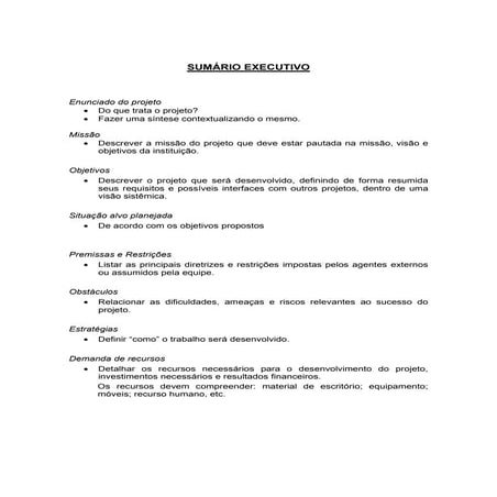 Como escrever um Sumario Executivo