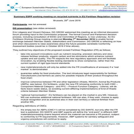  Summary ESPP meeting on EU Fertiliser Regulation revision 29-06-2016