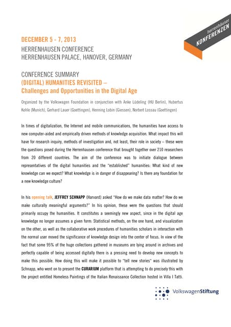 Digital Humanities Revisited - Summary Report