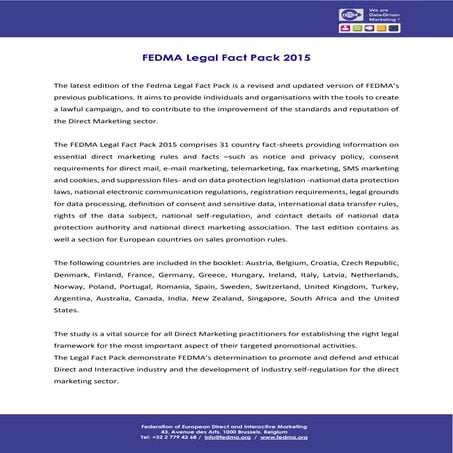 FEDMA - Legal Fact Pack Summary and Pre-order Form