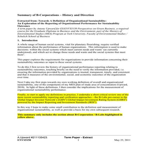 Summary of Benefit Corporations (B-Corps): Objectives, History and Next Steps