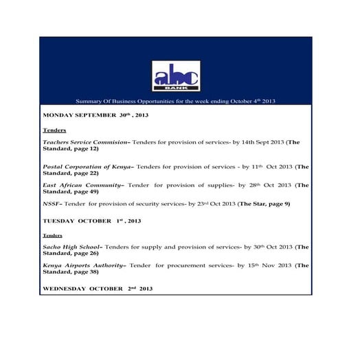 Summary of business opportunities