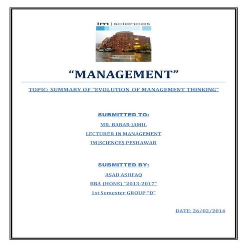 SUMMARY OF “EVOLUTION OF MANAGEMENT THINKING”