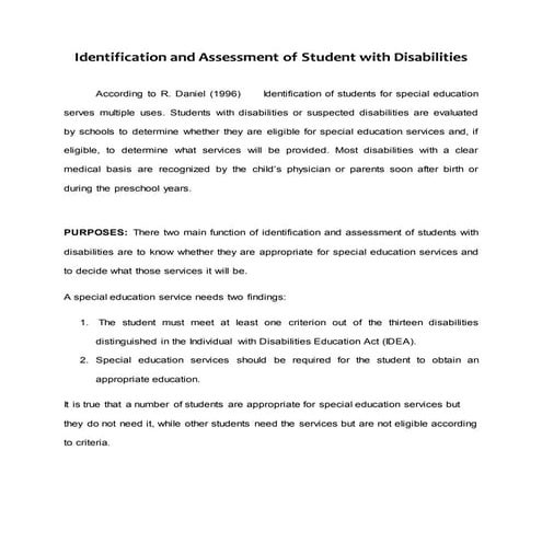 Summary of identification and assessment of student with disabilities by sheena bernal