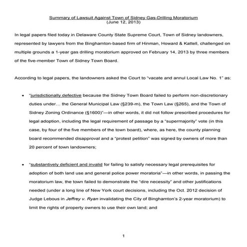 Summary of Lawsuit Against Sidney, NY over Fracking Moratorium