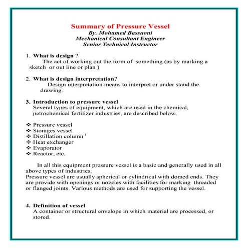 Summary of pressure vessel 1