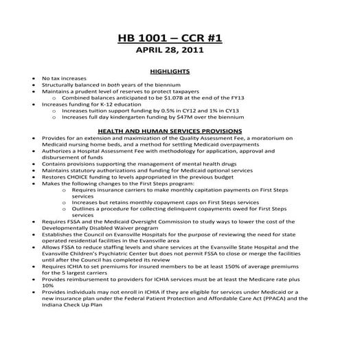 Summary of statutory provisions in hb 1001