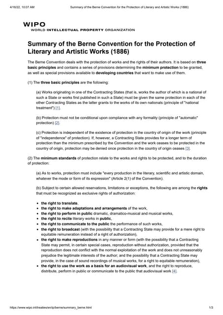 Summary of the Berne Convention for the Protection of Literary and Artistic W...