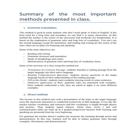 Summary of the most important methods presented in class