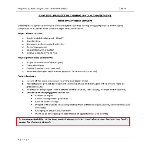 Project Planning and Management Summary 505 by Avit Theophil