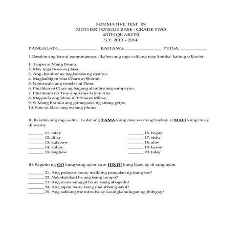 K To 12 Mother Tongue Base Grade 2 4RTH Quarter Summative Test 