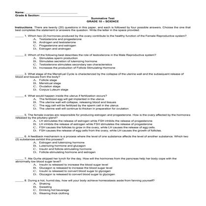 Summative test science 10