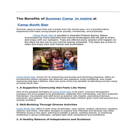 summer camp in maine (1).docxThe Benefits of Summer Camp  in maine at  Camp N...
