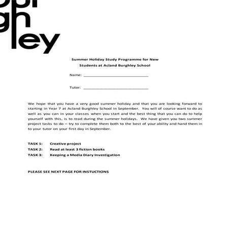 Summer Holiday Task Yr 7 ABS