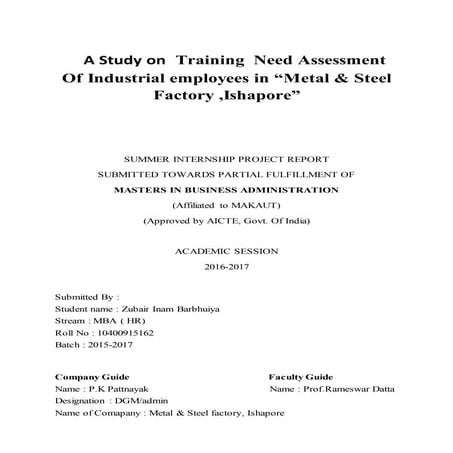 summer internship project on Training Need Assessment for Industrial employee...