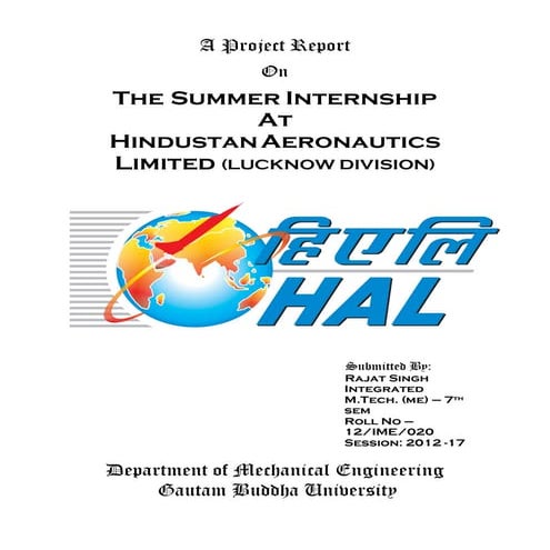 Summer internship report at hal lucknow (accessories division)