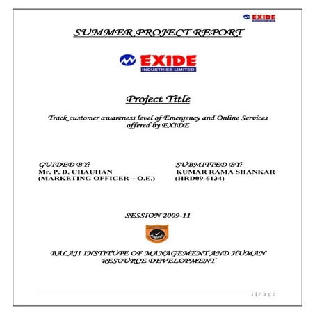 Summer project report@EXIDE INDUSTRIES PVT. LTD.