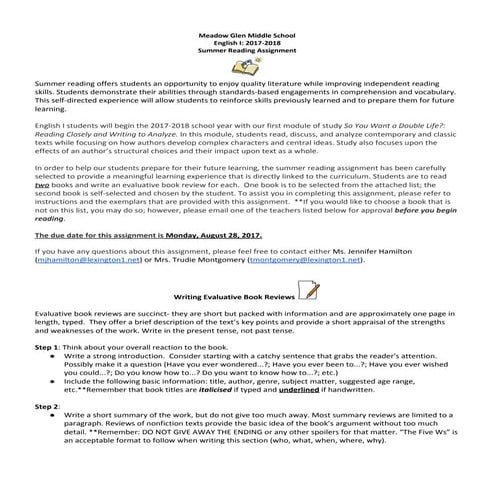 English 1 Summer Reading Assignment