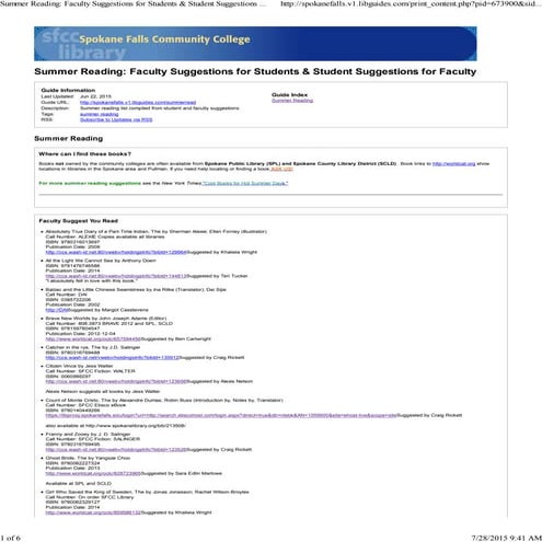 Summer reading  faculty suggestions for students & student suggestions for faculty   subject & class guides at spokane falls community college