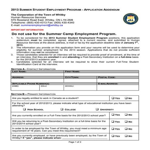Summer student employment program application  whitby
