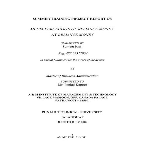 Summer Training Project Report On Reliance Money 1.5 Spc
