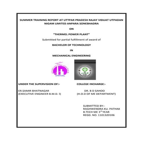 Summer training report at uttpar pradesh rajay viduat utpadan          nigam ...