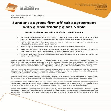 Noble Resources International Pte Limited (Noble) Sundance resource ...