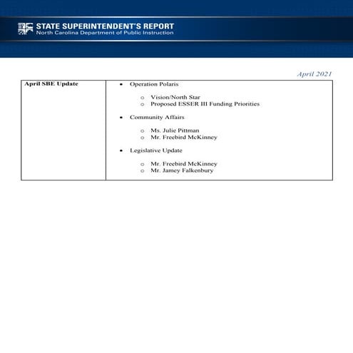 April Superintendent Report State Board