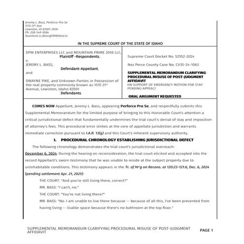 SUPPLEMENTAL MEMORANDUM CLARIFYING PROCEDURAL MISUSE OF POST-JUDGMENT ...