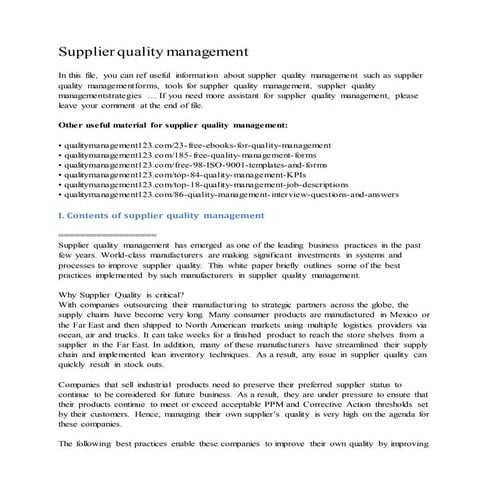 Supplier quality management