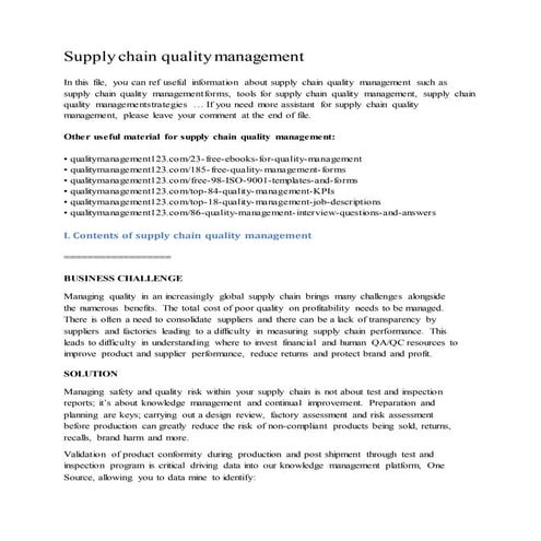 Supply chain quality management